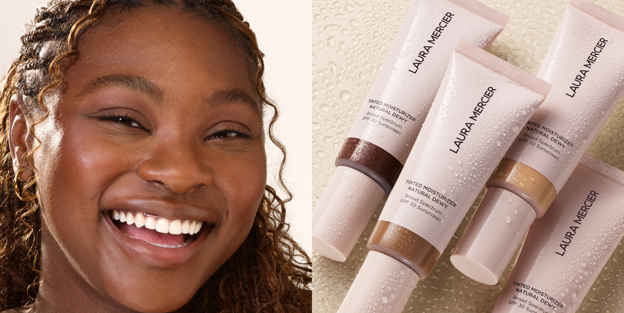 Dark skinned model smiling juxtaposed with Laura Mercier Tinted Moisturizer Natural Dewy