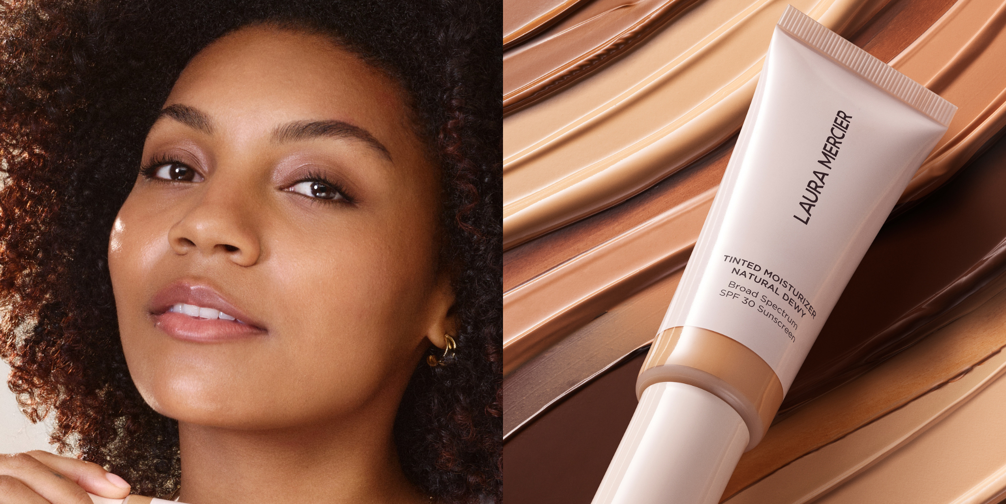 Dark skinned model with brown curly hair next to image of Laura Mercier Tinted Dewy